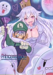 Rule 34 | 1boy, 1girl, bad id, bad twitter id, blouse, blue overalls, blush, boo (mario), breasts, cleavage, covering own eyes, crown, earrings, green hat, green shirt, hat, highres, jewelry, large breasts, long hair, luigi, luigi&#039;s mansion, mario (series), new super mario bros. u deluxe, nintendo, overalls, personification, poltergust 5000, princess king boo, purple eyes, sharp teeth, shirt, super crown, tears, teeth, tokiwata soul, tongue, tongue out, white hair