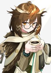 Rule 34 | 1girl, absurdres, ahoge, arknights, brown eyes, brown hair, closed mouth, coffee mug, commentary request, cup, feather hair, feathers, glasses, highres, infection monitor (arknights), looking at viewer, mug, official alternate costume, poyason, scarf, short hair, silence (arknights), silence (frosted breath) (arknights), simple background, solo, sweater, upper body, white background, wristband