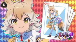 Rule 34 | absurdres, alternate costume, animal ears, blonde hair, blue skirt, cape, card, collared shirt, commentary request, coyote (kemono friends), elbow gloves, extra ears, frilled skirt, frills, gloves, highres, kemono friends, kemono friends v project, king (playing card), king of spades, lifelikealive, looking at viewer, multicolored clothes, multicolored hair, multicolored skirt, necktie, official alternate costume, official art, pink skirt, playing card, playing card theme, puffy short sleeves, puffy sleeves, red necktie, shirt, short hair, short sleeves, skirt, tail, thighhighs, virtual youtuber, white hair, white shirt, white skirt, white thighhighs, wolf ears, wolf tail, yellow cape, yellow eyes, yellow gloves, zettai ryouiki