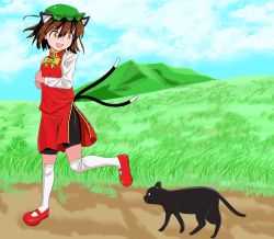 Rule 34 | 1girl, :d, animal ears, black cat, blue sky, brown eyes, brown hair, cat, cat ears, cat tail, chen, cloud, day, extra ears, grass, hat, hill, long sleeves, looking back, looking down, mary janes, mob cap, mountain, multiple tails, open mouth, outdoors, over-kneehighs, reform (tayo reform), ribbon, road, shoes, short hair, shorts, shorts under skirt, skirt, skirt set, sky, smile, solo, tail, thighhighs, touhou, walking, white thighhighs