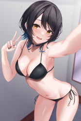 Rule 34 | 1girl, absurdres, arm up, bikini, black bikini, black choker, black hair, black nails, blue hair, blush, breasts, choker, colored tips, contrapposto, fang, furrowed brow, hand up, highres, looking at viewer, medium breasts, mirror, multicolored hair, nail polish, navel, open mouth, original, rama (yu-light8), selfie, short hair, side-tie bikini bottom, smile, solo, stomach, strap gap, swimsuit, thighs, v, yellow eyes