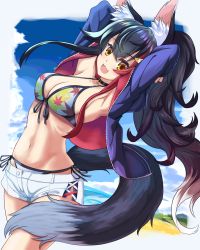 Rule 34 | 1girl, :d, absurdres, animal ear fluff, animal ears, bikini, bikini under clothes, black hair, breasts, fang, halterneck, highres, hololive, hood, hood down, hoodie, large breasts, long hair, long sleeves, looking at viewer, multicolored hair, ookami mio, ookami mio (hololive summer 2019), open clothes, open hoodie, open mouth, ponytail, red hair, risian, short shorts, shorts, side-tie bikini bottom, skin fang, smile, streaked hair, swimsuit, tail, unzipped, very long hair, virtual youtuber, white hair, wolf ears, wolf girl, wolf tail, yellow eyes, zipper