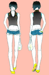 Rule 34 | 1girl, ass, bag, black hair, bra strap, character request, cigarette, closed eyes, denim, denim shorts, fashion, fred perry (brand), from behind, legs, long legs, midriff, navel, no socks, pink background, plastic bag, sapon, shirt, short hair, short shorts, shorts, simple background, sleeveless, sleeveless shirt, smoking, solo, source request, standing, thigh gap