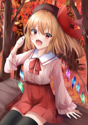 Rule 34 | 1girl, alternate costume, alternate headwear, autumn, autumn leaves, black thighhighs, blonde hair, bow, bowtie, brown hat, center frills, collared shirt, crystal, flandre scarlet, frilled sleeves, frills, hair between eyes, happy, hat, hat bow, head tilt, kisaragimikuru, large bow, leaf, long sleeves, looking at viewer, maple leaf, medium hair, multicolored wings, one side up, open mouth, outdoors, pink shirt, red bow, red bowtie, red eyes, red skirt, shirt, skirt, solo, thighhighs, touhou, tree, wings, wooden bench, zettai ryouiki