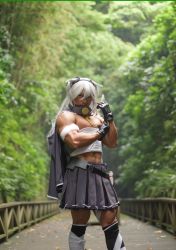 Rule 34 | 1boy, abs, black gloves, bridge, cape, collar, commentary request, cosplay, cosplay photo, costume switch, crossdressing, dark-skinned male, dark skin, day, forest, full body, glasses, gloves, hair between eyes, headgear, highres, kantai collection, kneehighs, long hair, looking at viewer, male focus, manly, musashi (kancolle), musashi (kancolle) (cosplay), musashi kai (kancolle), muscular, nature, navel, outdoors, partially fingerless gloves, pectorals, photo (medium), pleated skirt, ribbon-trimmed skirt, ribbon trim, sarashi, semi-rimless eyewear, shigeru (shigel marv), silver hair, skirt, socks, solo, two side up