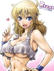 Rule 34 | 1girl, amania orz, bare shoulders, blonde hair, blue eyes, breasts, character name, crop top, crop top overhang, dated, headband, heart, large breasts, long hair, looking at viewer, lune zoldark, midriff, navel, no bra, open mouth, pointing, smile, solo, super robot wars, super robot wars original generation, tank top, underboob, white background, wristband