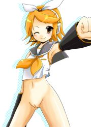 Rule 34 | 1girl, blush, female focus, flat chest, kagamine rin, navel, nude filter, one eye closed, pussy, school uniform, serafuku, short hair, solo, third-party edit, uncensored, uniform, vocaloid, vocaloid2, white background
