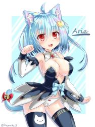 Rule 34 | 1girl, animal ears, bare shoulders, bell, blue background, blue hair, blush, breasts, cameltoe, cat ears, cat tail, cleavage, fang, highres, kazuneko (wktk1024), large breasts, looking at viewer, open mouth, original, panties, red eyes, smile, solo, tail, thighhighs, underwear