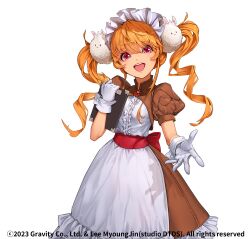 Rule 34 | 1girl, apron, blonde hair, brooch, brown dress, clipboard, commentary request, cowboy shot, curly sue, dress, drill hair, frilled apron, frilled dress, frills, gloves, hair ornament, highres, holding, holding clipboard, jewelry, kafra uniform, long hair, looking at viewer, lunatic (ragnarok online), maid, maid headdress, myo-zin, open mouth, orange hair, pink eyes, puffy short sleeves, puffy sleeves, rabbit hair ornament, ragnarok online, red sash, sash, short sleeves, simple background, smile, solo, teeth, transparent background, twin drills, twintails, upper teeth only, watermark, white apron, white gloves