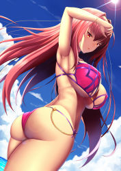Rule 34 | 1girl, arm up, armpits, ass, bikini, blue sky, blush, bracelet, breasts, day, fate/grand order, fate (series), hair between eyes, hair intakes, hip focus, jewelry, large breasts, long hair, looking at viewer, looking back, nail polish, navel, open mouth, pink bikini, purple hair, red eyes, scathach (fate), scathach (fate/grand order), scathach (swimsuit assassin) (fate), sky, smile, solo, sunlight, swimsuit, thighs, zukky