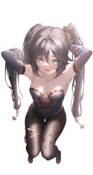 Rule 34 | 1girl, absurdres, adjusting hair, armpits, arms up, black hair, black ribbon, blue leotard, blurry, blush, bodystocking, breasts, breasts apart, collarbone, commentary request, covered navel, depth of field, detached sleeves, genshin impact, hair between eyes, hair ribbon, heoningu, highres, leotard, long hair, looking away, medium breasts, mona (genshin impact), open mouth, pantyhose, ribbon, simple background, solo, star (symbol), thigh gap, white background