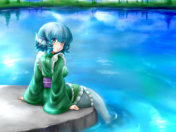 Rule 34 | 1girl, aqua eyes, aqua hair, fins, fish tail, from behind, head fins, japanese clothes, kamelie, kimono, lake, looking back, mermaid, monster girl, solo, tail, touhou, wakasagihime