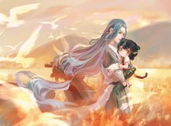 Rule 34 | 2boys, animal ears, bird, black hair, blue hair, blush, carrying, carrying person, cat boy, cat ears, cat tail, child, green eyes, highres, long hair, looking at viewer, low-tied long hair, luo xiaohei, luo xiaohei (human), luo xiaohei zhanji, multiple boys, outdoors, short hair, short sleeves, standing, tail, tianhongqwq, upper body, very long hair, wuxian (the legend of luoxiaohei)