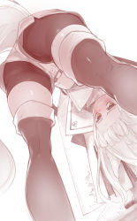 Rule 34 | 1girl, arknights, bent over, bike shorts, bike shorts under shorts, blush, brown eyes, closed mouth, forehead, from below, long hair, looking at viewer, monochrome, nurami (shouji), platinum (arknights), red theme, shorts, solo, spot color, sweat, thighhighs, upshorts