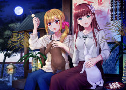 Rule 34 | 2girls, :d, :o, animal, animal on lap, architecture, blonde hair, blue pants, blunt bangs, brown hair, brown skirt, dango, denim, east asian architecture, flower, food, full body, green eyes, hair flower, hair ornament, hand up, leaf print, long hair, looking at viewer, mojuke, multiple girls, night, night sky, on lap, open mouth, original, outdoors, pants, petting, plant, ponytail, potted plant, rabbit, red eyes, scrunchie, sitting, skirt, sky, smile, stone lantern, sweat, sweater, wagashi, wall