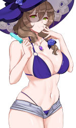 Rule 34 | 1girl, absurdres, bikini, breasts, brown hair, cleavage, cowboy shot, flower, food, genshin impact, gjalla, green eyes, hair flower, hair ornament, half-closed eyes, hat, highres, jewelry, large breasts, lisa (genshin impact), looking at viewer, navel, necklace, open fly, popsicle, purple bikini, rose, short shorts, shorts, side ponytail, simple background, smile, solo, stomach, swimsuit, thick thighs, thighs, vision (genshin impact), white background, witch hat