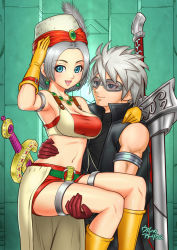 Rule 34 | 1boy, 1girl, :d, armlet, bandeau, bare shoulders, blue eyes, blush, boots, breasts, carrying, cleavage, dragon quest, dragon quest x, earrings, gloves, hat, hat feather, jewelry, large breasts, looking at another, looking at viewer, midriff, navel, necklace, open mouth, raul (dq10), red gloves, red shorts, riin (dq10), sheath, sheathed, short hair, shorts, silver hair, smile, sunglasses, sword, thigh strap, ur (wulfa), weapon, yellow footwear, yellow gloves