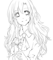 Rule 34 | 1girl, ascot, bad id, bad pixiv id, coco 079, flower, greyscale, holding, holding flower, ib (kouri), lineart, long hair, looking at viewer, mary (ib), monochrome, smile, solo, wavy hair