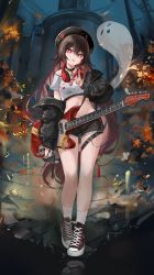 Rule 34 | 1girl, absurdres, black shorts, brown hair, flower-shaped pupils, full body, genshin impact, ghost, guitar, hat, headphones, highres, hu tao (genshin impact), instrument, long hair, looking at viewer, lzbt kpv, open mouth, red eyes, shorts, symbol-shaped pupils, thighs, twintails