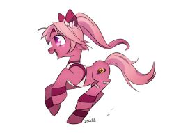 Rule 34 | 1girl, animal ears, animalization, bandages, bow, cutie mark, ear covers, hair bow, hairband, haru urara (umamusume), heart, horse ears, horse tail, my little pony, my little pony: friendship is magic, no humans, open mouth, pink fur, pink hair, pink tail, ponytail, purple eyes, red bow, red trim, shirt, short hair, sleeveless, smile, solo, sweatband, tail, two-tone bowtie, umamusume, white bow, white shirt, zzekzzek