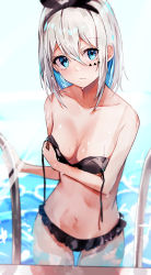 Rule 34 | 1girl, absurdres, bare arms, bare shoulders, bikini, black bikini, black hairband, blue eyes, blue hair, blurry, blush, breasts, closed mouth, collarbone, colored inner hair, commentary request, cowboy shot, hair between eyes, hairband, hand on own chest, highres, holding, looking at viewer, medium breasts, multicolored hair, nanashinayuzu mochi, original, pool, pool ladder, solo, standing, stomach, swimsuit, thigh gap, untied bikini, wading, water, wet, wet hair, white hair