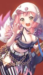 Rule 34 | 10s, 1girl, :d, bang dream!, bass guitar, belly chain, belt, black collar, black skirt, blunt bangs, blurry, blurry background, blush, breasts, brown nails, chain, claw pose, cleavage, cloak, collar, collarbone, commentary, cowboy shot, crop top, ghost costume, gohan (lupina1023), green eyes, highres, holding, holding instrument, instrument, jewelry, large breasts, lock, looking at viewer, low twintails, midriff, multicolored nails, nail polish, navel, open mouth, padlock, padlocked collar, pink hair, pink nails, purple nails, red background, shirt, simple background, skirt, sleeveless, sleeveless shirt, smile, solo, standing, standing on one leg, striped clothes, striped shirt, striped thighhighs, symbol-only commentary, teeth, thighhighs, twintails, uehara himari, upper teeth only, vertical-striped clothes, vertical-striped shirt, vertical-striped thighhighs, white belt, white cloak