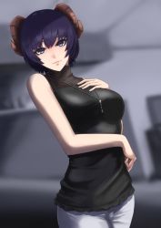 Rule 34 | 1girl, black shirt, blue eyes, blurry, blurry background, breasts, closed mouth, demon girl, hair between eyes, highres, indoors, jewelry, looking at viewer, medium breasts, original, pants, pendant, purple hair, shirt, short hair, sleeveless, sleeveless shirt, solo, standing, white pants, z umeshi