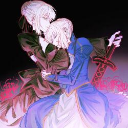 Rule 34 | 2girls, artoria pendragon (all), artoria pendragon (fate), back bow, black background, black bow, black dress, black ribbon, blue dress, blue ribbon, bow, braid, braided bun, breasts, closed mouth, corruption, dark persona, dress, dual persona, fate/stay night, fate (series), flower, from side, gradient background, hair bun, hair ribbon, hand on another&#039;s face, hand on hilt, head on chest, highres, juliet sleeves, light smile, long dress, long sleeves, looking at viewer, medium breasts, multiple girls, outline, outstretched arm, parted lips, planted, planted sword, planted weapon, puffy sleeves, red outline, ribbon, saber (fate), saber alter, shrug (clothing), single hair bun, spider lily, strapless, strapless dress, sword, unconscious, weapon, white hair, wide sleeves, yellow eyes, zumu (quw87)