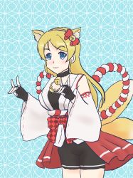 Rule 34 | 1girl, absurdres, alternate hairstyle, animal ears, aqua background, artist name, artist request, ayase eli, bare shoulders, bell, black gloves, black pants, black shorts, blonde hair, blue eyes, blush, bow, breasts, checkered bow, checkered clothes, choker, collarbone, detached sleeves, female focus, fingerless gloves, fox ears, fox tail, gloves, hair between eyes, hair bow, hairband, highres, japanese clothes, kimono, long hair, long sleeves, looking at viewer, love live!, love live! school idol festival, love live! school idol project, medium breasts, multiple tails, neck bell, obi, pants, parted lips, ponytail, red bow, red hairband, rope, sash, shimenawa, short shorts, shorts, smile, solo, tail, white kimono, wide sleeves