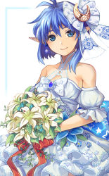 Rule 34 | 1girl, antenna hair, asymmetrical hair, bare shoulders, blue eyes, blue hair, bouquet, brown eyes, brown hair, closed mouth, crescent, crescent hair ornament, detached sleeves, dress, earrings, flower, fujishino shikino, hair between eyes, hair ornament, holding, holding bouquet, jewelry, lily (flower), pointy ears, puffy short sleeves, puffy sleeves, rena lanford, short hair, short sleeves, smile, solo, star (symbol), star earrings, star ocean, star ocean anamnesis, star ocean the second story, wedding dress, white dress, white flower
