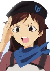 Rule 34 | 10s, 1girl, bad id, bad pixiv id, brown hair, evangelion: 3.0 you can (not) redo, face, gradient background, hat, highres, military, military uniform, neckerchief, neon genesis evangelion, open mouth, rebuild of evangelion, salute, shift (waage), simple background, solo, spoilers, suzuhara sakura, uniform, white background