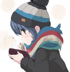 Rule 34 | 1girl, black jacket, blue hair, bowl, chopsticks, commentary request, core (mayomayo), eating, eyes visible through hair, food, from side, hands up, highres, holding, holding bowl, holding chopsticks, holding food, jacket, light blush, long sleeves, multicolored clothes, noodles, parted lips, pom pom (clothes), purple eyes, scarf, shima rin, simple background, soba, solo, steaming, upper body, white background, wide-eyed, woollen cap, yurucamp