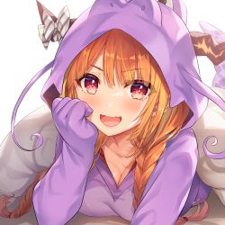 Rule 34 | 1girl, :d, animal costume, bow, braid, commentary request, dragon costume, dragon girl, dragon hood, dragon horns, fangs, hololive, hood, hood up, horn bow, horn ornament, horns, kiryu coco, looking at viewer, open mouth, orange hair, otosume ruiko, purple eyes, skin fangs, smile, solo, twin braids, virtual youtuber