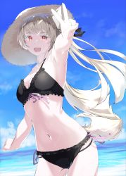 Rule 34 | 1girl, animal ears, arm up, bikini, black bikini, blonde hair, breasts, female focus, frills, hat, highres, long hair, looking at viewer, medium breasts, mikisai, navel, ocean, open mouth, original, pink ribbon, red eyes, ribbon, sidelocks, sky, solo, stomach, swimsuit, tail, teeth, twintails, upper teeth only, water, yellow tail