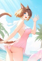 Rule 34 | 1girl, animal ears, ass, blue eyes, breasts, brown hair, casual one-piece swimsuit, cat ears, cat tail, day, dutch angle, final fantasy, final fantasy xiv, highres, large breasts, looking at viewer, lyra-kotto, miqo&#039;te, one-piece swimsuit, open mouth, outdoors, palm tree, short hair, solo, swimsuit, tail, tree