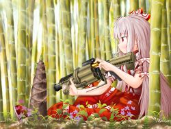 Rule 34 | 1girl, absurdres, bamboo, bamboo forest, cigarette, eyebrows, forest, fujiwara no mokou, gun, hair ribbon, highres, holding, holding gun, holding weapon, long hair, looking away, mgl, military, nature, no mouth, ofuda, pants, red eyes, red footwear, ribbon, shirt, short sleeves, sitting, suspenders, taityon, torn clothes, torn sleeves, touhou, weapon, white hair