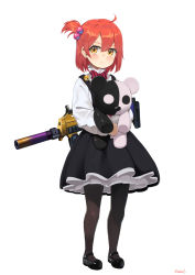 Rule 34 | 1girl, adapted costume, aged down, alternate costume, counter-strike (series), counter-strike 2, dress, girls&#039; frontline, gun, h&amp;k mp7, highres, kion-kun, machine pistol, meme, mp7 (girls&#039; frontline), pantyhose, personal defense weapon, red hair, short hair, side ponytail, simple background, solo, stuffed toy, submachine gun, suppressor, weapon, white background, yellow eyes