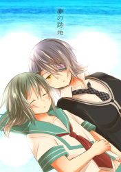 Rule 34 | 2girls, aged down, breasts, checkered clothes, checkered neckwear, closed eyes, commentary request, green hair, grey hair, hair between eyes, highres, kantai collection, kiso (kancolle), long hair, looking at another, lying, multiple girls, on back, red neckwear, sailor collar, school uniform, shirt, sorata (sorairo honpo), tenryuu (kancolle), translation request, white background, white shirt, yellow eyes, yuri