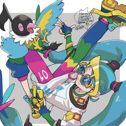 Rule 34 | 1girl, bird, chatot, commentary request, creatures (company), crossover, fingerless gloves, game freak, gen 4 pokemon, gloves, grin, hatsune miku, jewelry, leggings, long hair, low-tied long hair, multicolored footwear, multicolored hair, multicolored leggings, nintendo, normal miku (project voltage), one eye closed, pokemon, pokemon (creature), print shirt, project voltage, ring, sagemaru-br, shirt, shoes, signature, smile, sneakers, sunglasses, teeth, twintails, vocaloid, w, white shirt