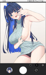 Rule 34 | 1girl, absurdres, bangom r, bare shoulders, black hair, black panties, blue eyes, blue hair, blunt bangs, blush, breasts, colored inner hair, hair intakes, hand up, highres, hololive, hololive english, large breasts, long hair, meme attire, multicolored hair, open mouth, ouro kronii, panties, fake phone screenshot, sideboob, simple background, thighs, timestamp, underwear, very long hair, virgin killer sweater, virtual youtuber, white background