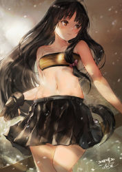 Rule 34 | 1girl, bandeau, black gloves, black hair, black skirt, blush, bow, breasts, closed mouth, dated, fingerless gloves, gloves, hair bow, highres, kantai collection, long hair, miniskirt, pink bow, red eyes, shouhou (kancolle), skirt, small breasts, solo, sunlight, toka (marchlizard), very long hair