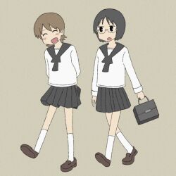 Rule 34 | 2girls, ^ ^, aioi yuuko, arms behind back, bag, black eyes, black sailor collar, black skirt, blush, brown footwear, closed eyes, commentary, english commentary, glasses, holding, holding bag, loafers, looking at another, minakami mai, multiple girls, nichijou, no nose, pleated skirt, sailor collar, school uniform, semi-rimless eyewear, shirt, shoes, short hair, simple background, skirt, socks, tsumikisyndrome, walking, white shirt, white socks, yellow background