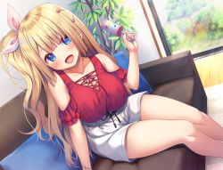 Rule 34 | 1girl, :d, asa no ha (awayuki), bare shoulders, blonde hair, blue eyes, blunt bangs, blush, bow, breasts, cleavage, couch, day, dutch angle, eyebrows hidden by hair, hair bow, hair ornament, hair ribbon, hairclip, highres, indoors, large breasts, long hair, looking at viewer, nail polish, open mouth, original, pillow, pink bow, pink nails, plant, potted plant, rattle, ribbon, rug, side ponytail, sitting, smile, solo, thighs, wavy hair, wooden floor