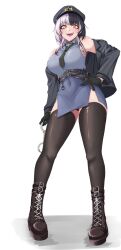 Rule 34 | absurdres, alternate costume, belt, black footwear, black gloves, black hair, black hat, black jacket, black necktie, black panties, black thighhighs, blue dress, boots, breasts, covered navel, cuffs, dress, fangs, from below, full body, gloves, hand on own hip, handcuffs, hat, highres, holding, holding handcuffs, hololive, hololive english, jacket, large breasts, long hair, looking at viewer, mmneko, multicolored hair, necktie, open clothes, open jacket, open mouth, panties, pantyshot, peaked cap, shadow, shiori novella, shirt, short dress, side slit, simple background, sleeveless, sleeveless dress, smile, standing, thighhighs, two-tone hair, underwear, white background, white shirt, yellow eyes