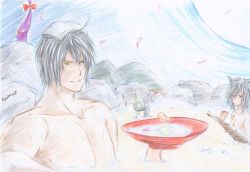Rule 34 | 1boy, 1girl, ahoge, alcohol, animal ears, bad id, bad pixiv id, bow, cherry blossoms, colored pencil (medium), commentary request, esparda, gap (touhou), glasses, horns, inubashiri momiji, mixed-sex bathing, morichika rinnosuke, onsen, pectorals, red eyes, sake, shared bathing, silver hair, single horn, submerged, touhou, traditional media, wolf ears, yellow eyes, you (esparda)