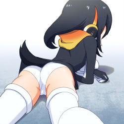 Rule 34 | 10s, 1girl, ass, black hair, commentary request, emperor penguin (kemono friends), from behind, headphones, highres, hood, hood down, hoodie, kemono friends, leotard, long hair, lying, on stomach, penguin tail, sat-c, solo, tail