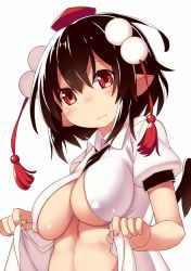 Rule 34 | 1girl, black hair, blush, breasts, covered erect nipples, expressionless, hat, impossible clothes, looking at viewer, mikan (bananoha), red eyes, shameimaru aya, short hair, short sleeves, simple background, solo, tokin hat, touhou, underboob, white background