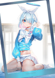 Rule 34 | 1girl, absurdres, arona (blue archive), blue archive, blue eyes, blue hair, blue serafuku, blue shirt, braid, commentary request, hair over one eye, highres, long sleeves, looking at viewer, midriff, multicolored hair, navel, pink hair, school uniform, serafuku, shirt, single braid, sitting, skirt, solo, thighs, two-tone hair, wariza, white skirt, yamanokami eaka
