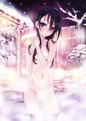 Rule 34 | 1girl, bare tree, black hair, censored, convenient censoring, flat chest, hair over breasts, hand on own neck, highres, long hair, matsuryuu, navel, nipples, nude, onsen, original, outdoors, parted lips, purple eyes, snow, snowing, solo, steam, steam censor, tree, wading, water, wet