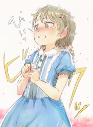 Rule 34 | 1girl, blue dress, blush, brown eyes, brown hair, clenched teeth, collared dress, commentary request, dress, earrings, gomennasai, hair ornament, hairclip, idolmaster, idolmaster cinderella girls, jewelry, long hair, morikubo nono, nose blush, own hands together, puffy short sleeves, puffy sleeves, ringlets, short sleeves, solo, surprised, tears, teeth